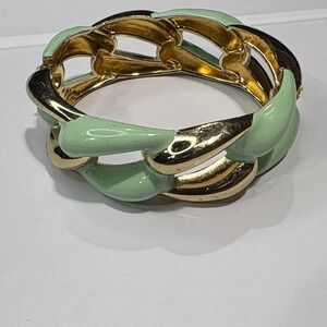 Vintage Gold Tone & Mint Green Enamel Chunky Chain Link Stretch Bangle Bracelet